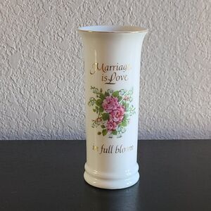 VTG Porcelain Bud Vase Japan Floral Gold Trim Marriage Is Love Keepsake 6"